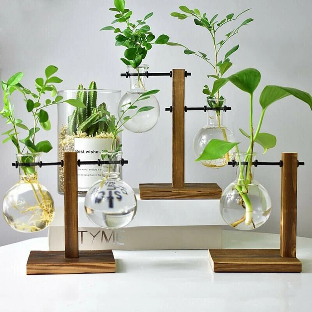 

Wooden Frame Glass Hydroponic Container Table Desktop Transparent Glass Flower Arrangement Container Flower Pot Home Decor