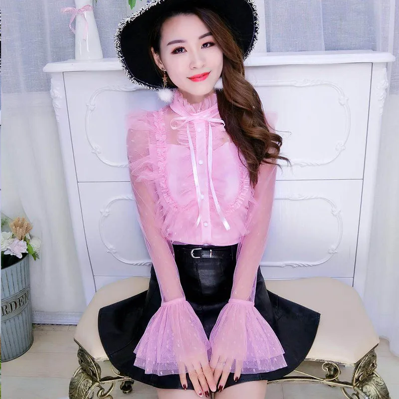 2018 Mới Mùa Xuân Hè Phụ Nữ Áo Sơ Mi Ngọt Dot Tie Bow Ren áo Lady Bùng Tay Áo Backless Lưới Áo Cánh Ngắn Blusas Ngọn AB833