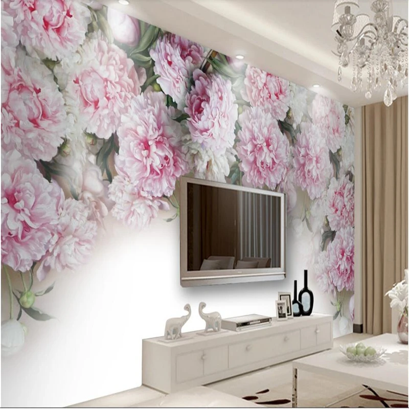 

beibehang European-style romantic peony flowers TV sofa backdrop custom large mural green wallpaper papel de parede para quarto