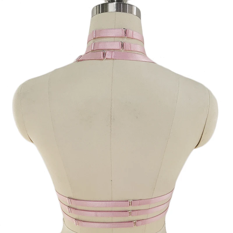 Original Design Pink Collar Bow Harness Bra Kawaii Open Chest Bondage Body Cage Pastel Gothic Body Harness Belt