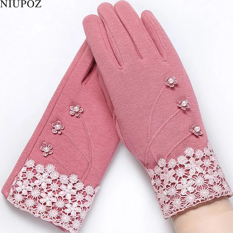 Moda eleganckie damskie rękawiczki do ekranu dotykowego zimowe damskie koronkowe ciepłe kaszmirowe kokardki pełne mitenki na rękę Guantes prezent 16A-F