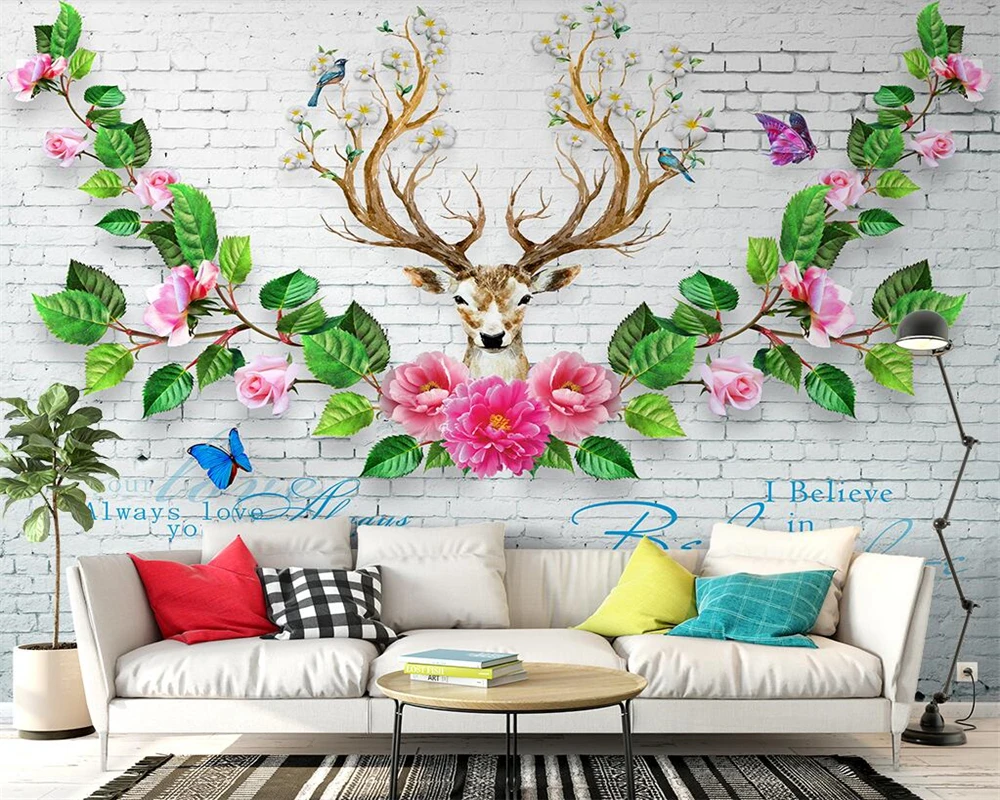 

Beibehang Custom Wallpaper Modern Fresh 3D White Brick Wall Elk Rose Peony TV Background Wall Home Decoration Mural 3d wallpaper