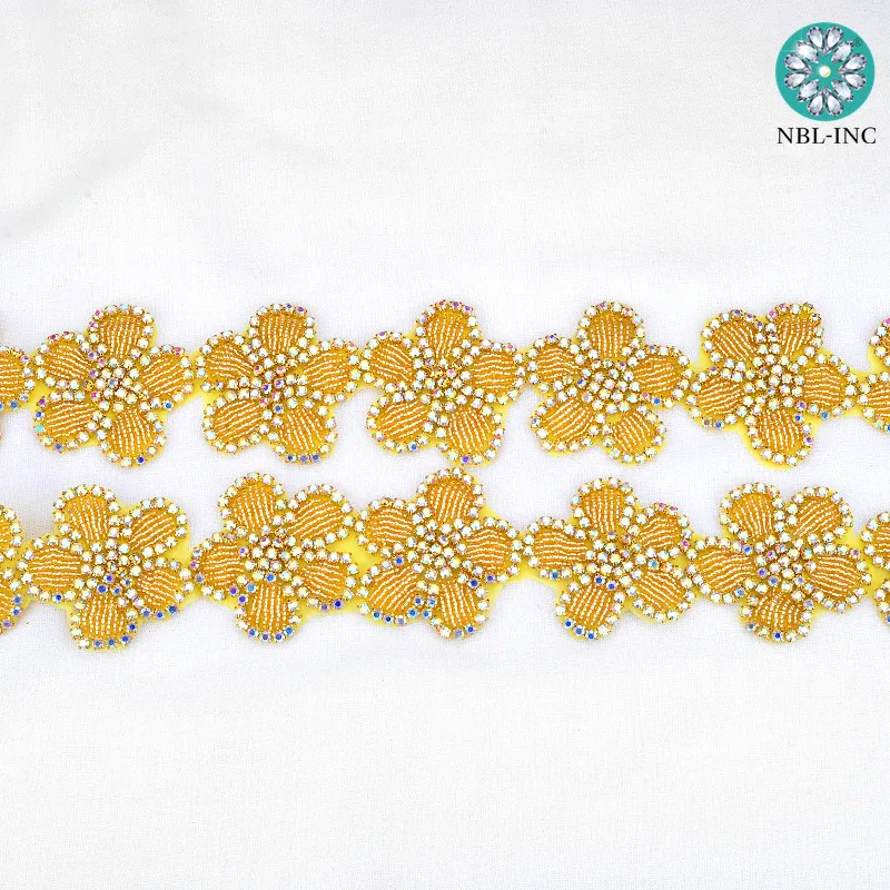 Aplique de diamantes de imitación para vestido de novia, accesorio para vestido de novia, con flores doradas AB, WDD0945, 10 yardas