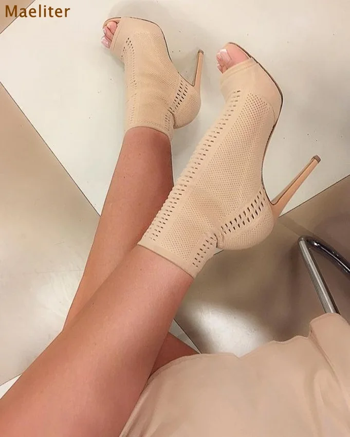 

Graceful Ladies Beige Army Green Open Toe Short Boots Elastic Knitting Boots Small Hole Hollow Out Breathable Dress Boots Pumps