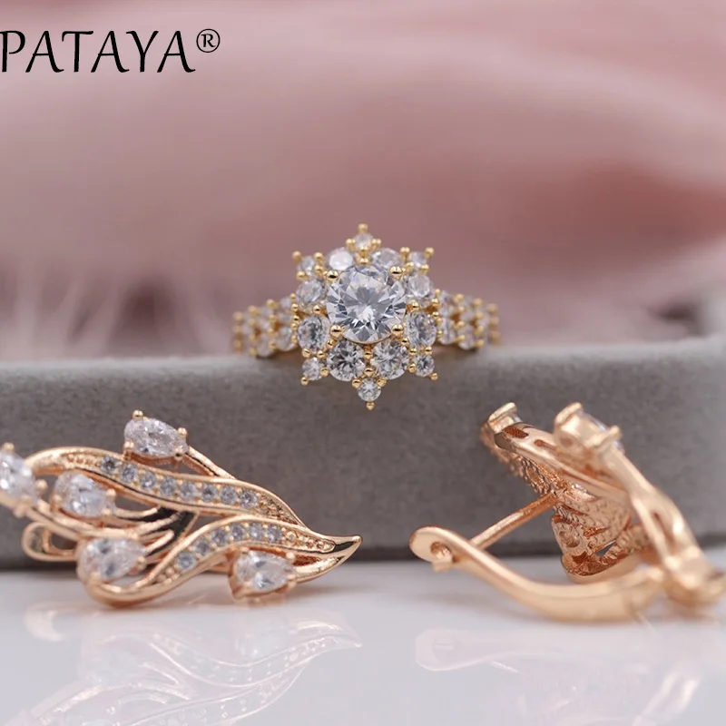 PATAYA New 585 Rose Gold Color Original Design Women Luxury Jewelry White Water Drop Leaf Natural Zircon Big Earrings Rings Sets