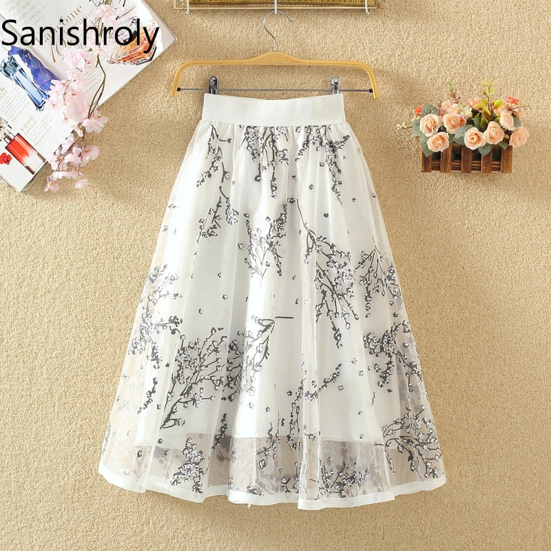 Sanishroly 2023 Sprint Summer Women Floral Print Mesh Skirt Female Elastic High Waist Pleated Skirts Eugenia A-Line Skirt SE096