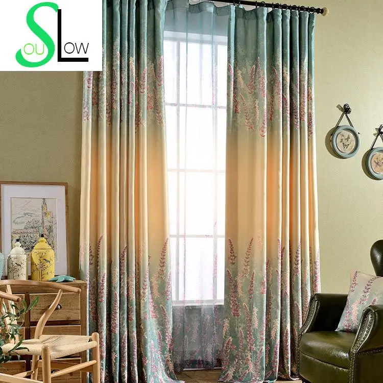 Lavender Printed Semi-shade Curtains For Living Room Gradient European And American Style Floral Screens Tulle Sheer Curtain