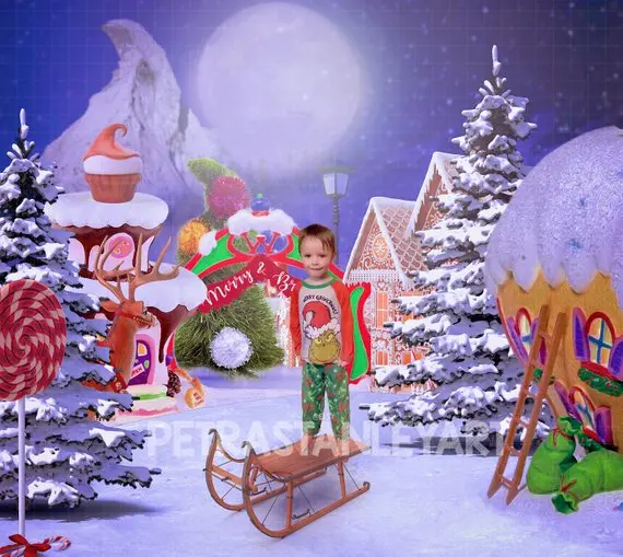 Grinchmas Crumpit Grinch Candy Land Village Snow tree backgrounds   Computer print children kids backdrops