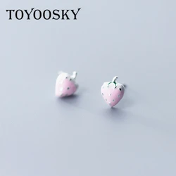 100% 925 Sterling Zilver Leuke Tiny Roze Zoete Kleine Aardbei Stud Oorbellen Cadeau Voor Meisjes Kids Lady
