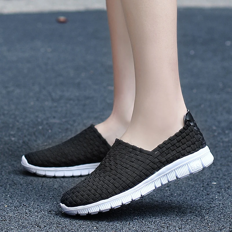 New Women Flats Autumn Casual Shoes Woman Sneakers Breathable Female Woven Shoes Slip On Ladies Loafers Handmade Sneakers Light