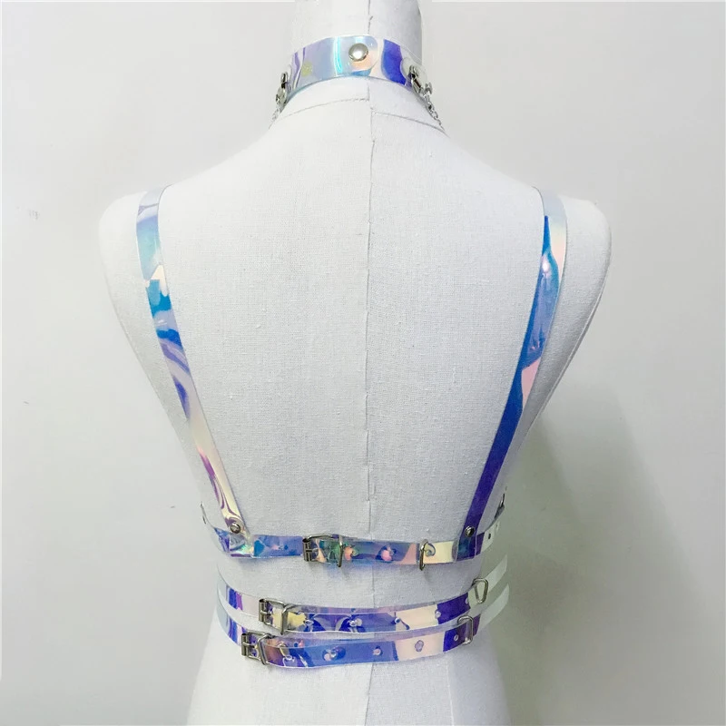 Women Laser Transparent PVC Caged Bra Body Harness Belt 2019 Sexy Waist Belt Bondage Female Holographic Strap Top Waist Belts