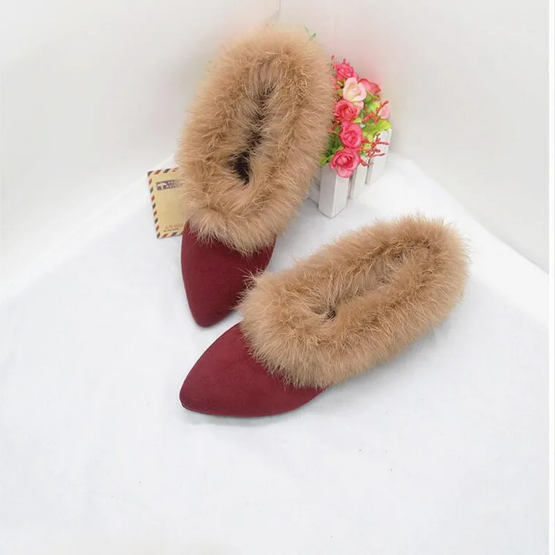 2020 Autumn And Winter Flat-bottomed Pointed Rabbit Fur Shoes Plus Velvet Warm Cotton Shoes Small Size 31-32-33 Large Size 41-43