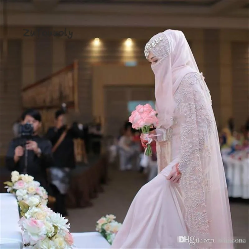 Robe de mariée musulmane rose poussiéreux, robe de sirène turque à manches longues, robe éducative Para Boda, robe de mariée de pays islamique personnalisée