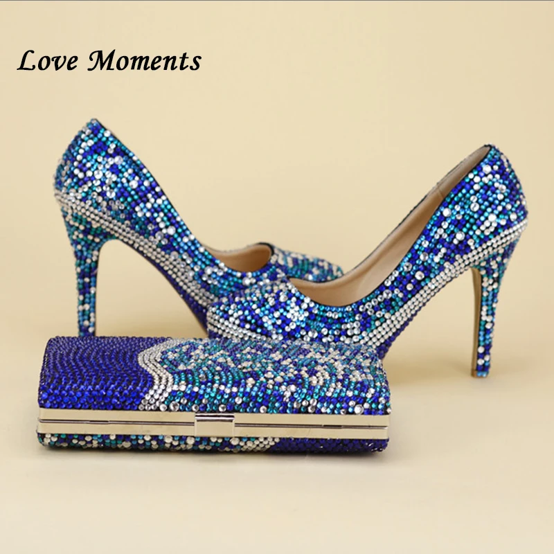 Royal Blue Multicolor Crystal wedding shoes with Macthing bags Ladies Fashion shoes and bag set High platform shoes woman