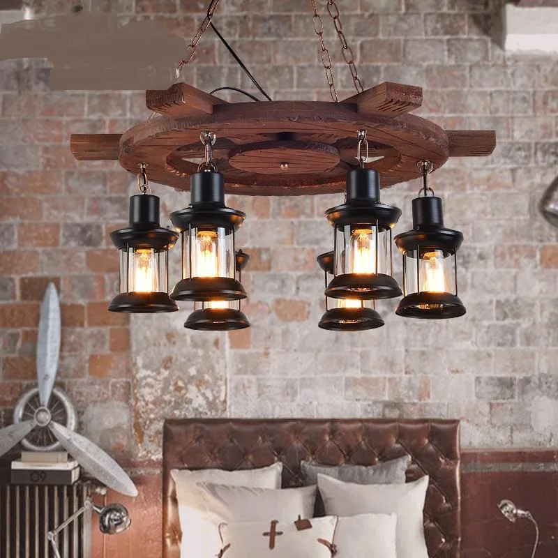 Vintage American iron glass Pendant Lights wooden boat personality cafe bar farmhouse restaurant balcony deck LU731353