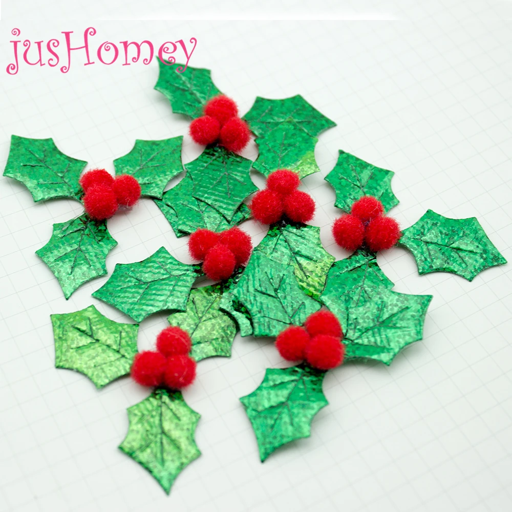 100pcs Glitter Christmas Holly Appliques 50x45mm Gold, Green Holly Leaf w/ Red Pompom Berry for Christmas Decoration, Scrapbook