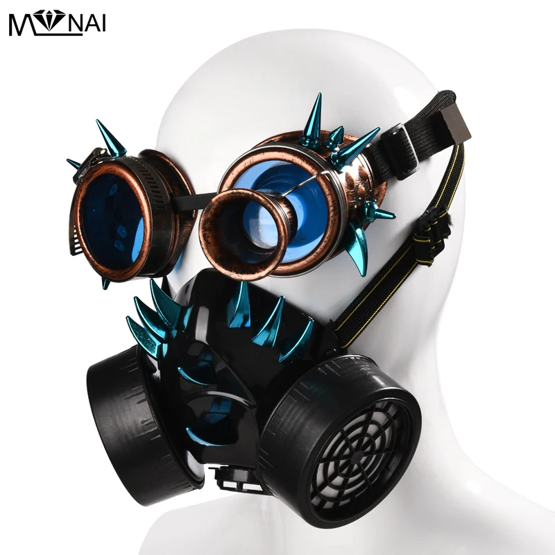 

Steampunk Retro Glasses Masks and Goggles Gothic Cos Stage Props Personality Anti-fog Haze Mask Punk Blue Rivet Mask