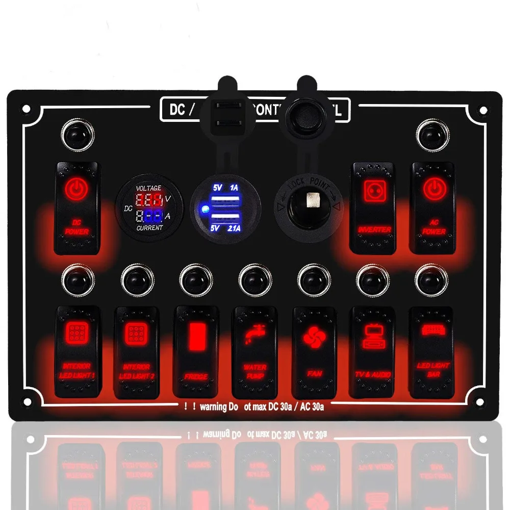 

LED Car Marine Waterproof 5 Pin Boat Rocker Switch Panel with Fuse Dual USB Slot LED Light + Power Socket Breaker Voltmeter