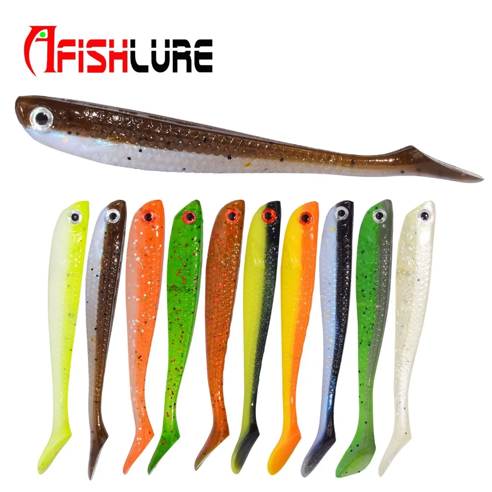 Afishlure 10pcs/lot Soft Fishing Lure Bass Lure75mm/2.8g T Tail Shape Grub Shad Swimbait Artificial Bait