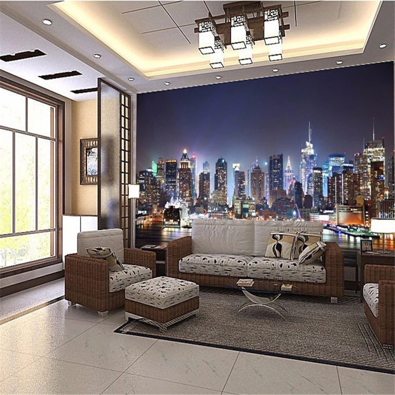 beibehang wall paper  Manhattan 3d papel de paede, New York City large mural wallpaper night background scenery TV sofa bed