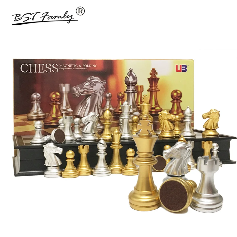 BSTFAMLY plastic chess set game, portable game of international chess magnetic folding chessboard plastic chess pieces LA11