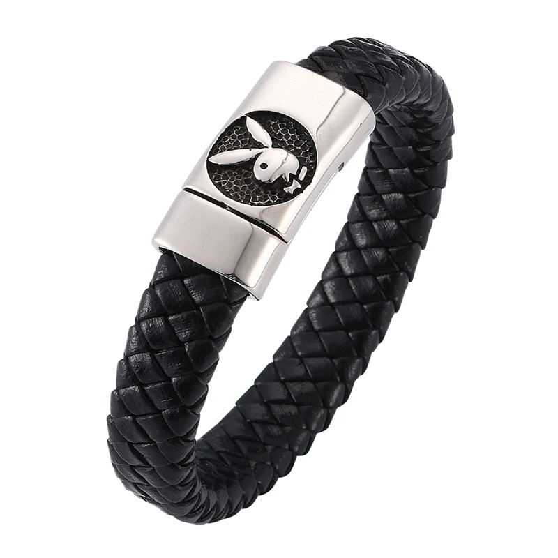 Punk Men Leather Bracelet Rabbit Stainless Steel Magnetic Clasp Charm Bangles Party Jewelry Gifts BB0258