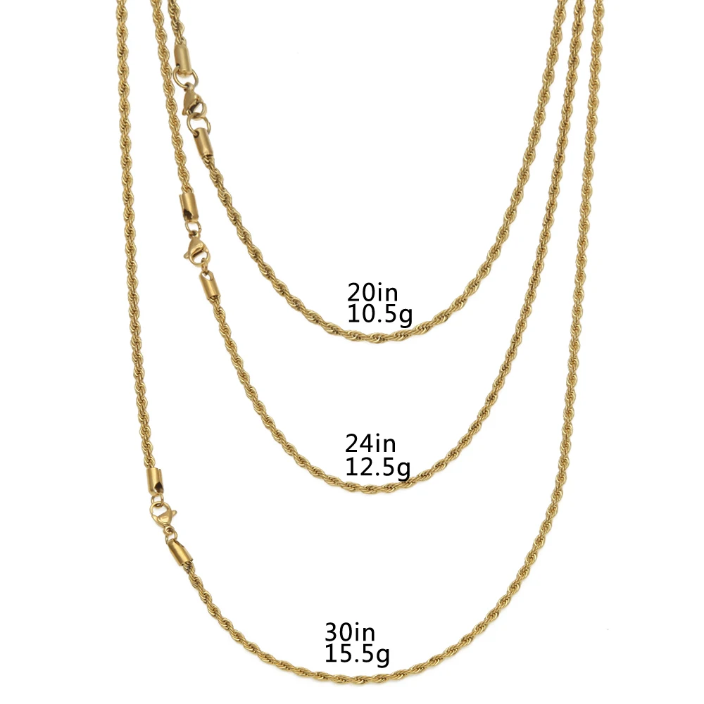 Stainless Steel 3mm Rope Chain Necklace 18inch 22inch Gold Silver Color High Quality Hiphop Fashion Jewelry For Men/Women