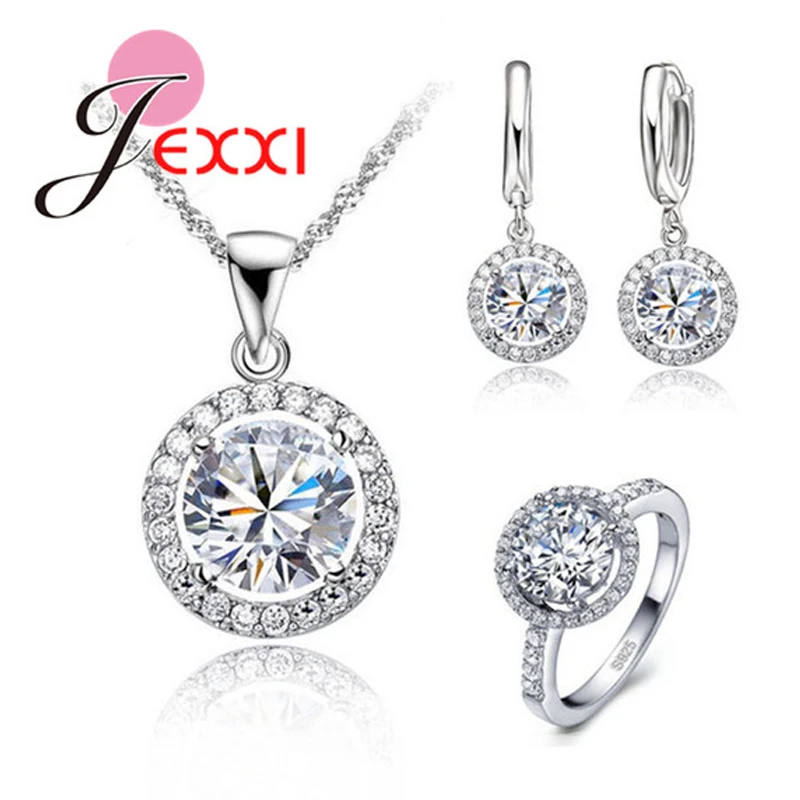 

Wedding 925 Sterling Silver CZ Cubic Zircon Jewelry Sets Stone Drop Pendant Necklaces Dangle Earring For Women Rings