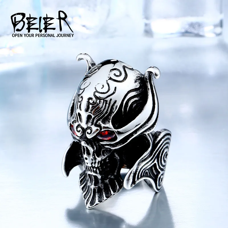 BEIER Cool Big Punk Stainless Steel Unique War Skull Head Ring  For Man With red eye High Quality BR8-336