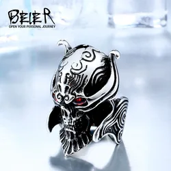 BEIER Cool Big Punk Stainless Steel Unique War Skull Head Ring  For Man With red eye High Quality BR8-336