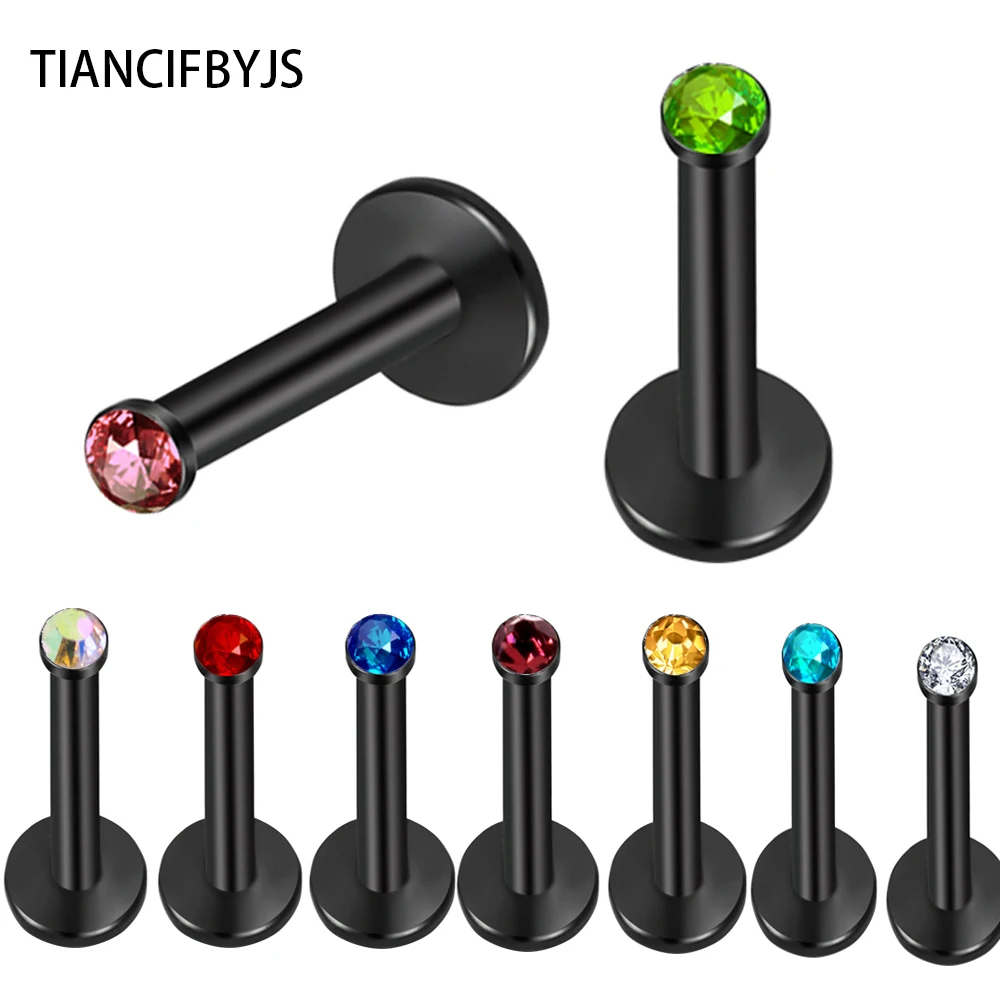 TIANCIFBYJS Internally Threaded Gem Labret Lip Bar Ring Body Piercing Jewellery Gold Rinbow Black Silver Lip Tragus ear