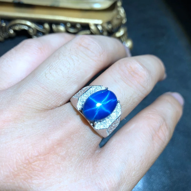 cool men ring shiny blue star sapphire gem ring 925 silver jewelry big size shiny gem certified birthday gift
