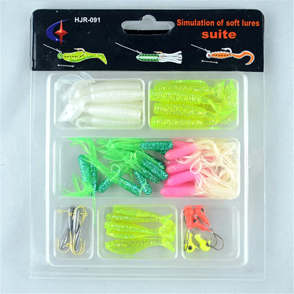 Clearance 70pcs Soft bait lures soft bait worm Lead head hook plastic packaging designed FISHING LURE SETS