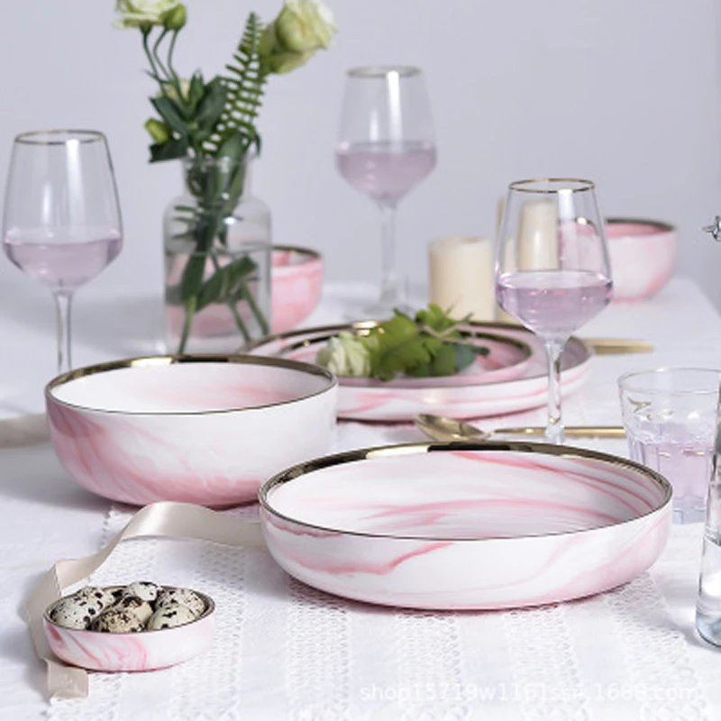 1pc Pink Marble Ceramic Dinner Dish Plate Rice Salad Noodles Bowl Soup Plates Dinnerware Sets Home Tableware Kitchen Cook Tool