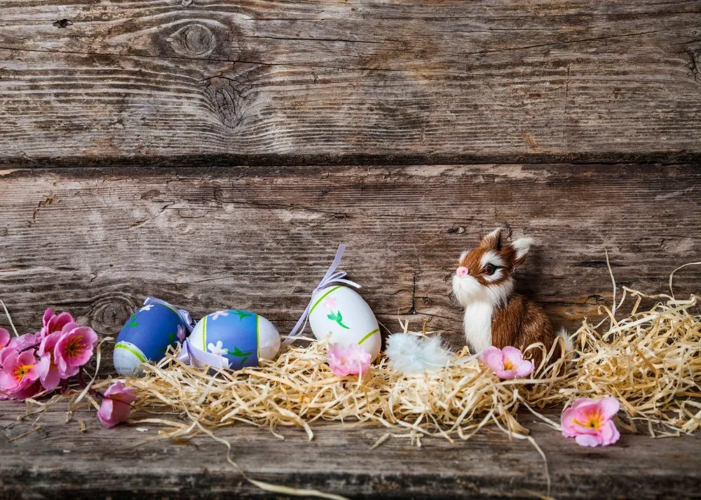 Fondos fotográficos personalizados Capisco, huevos de Pascua, flores, tablero de madera, conejo, para estudio fotográfico