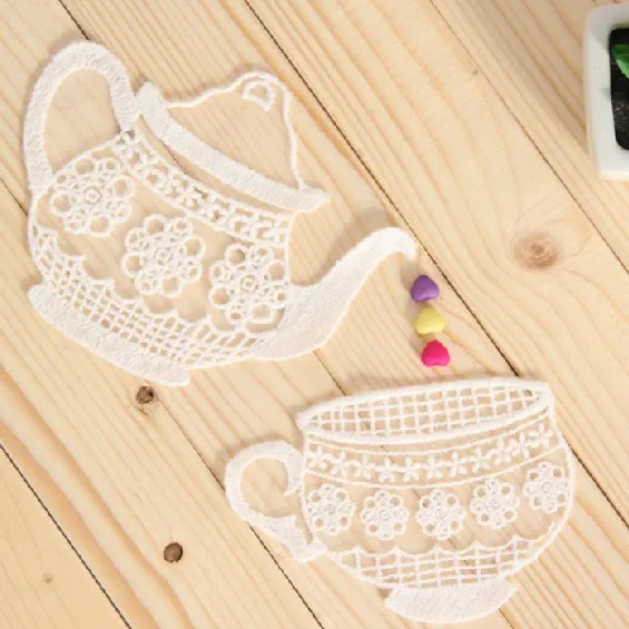 10 PCS 2 design Good Quality Handmade DIY Cotton Mesh Embroidery Teapot and Teacup Applique Patch