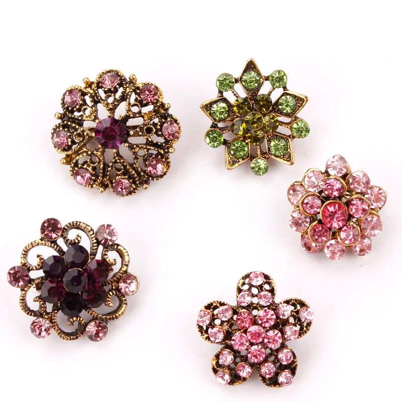 WEIMANJINGDIAN Set of 12 Pcs Antique Gold Color Crystal Rhinestones Bijoux Small and Cute Brooch Lapel Pins