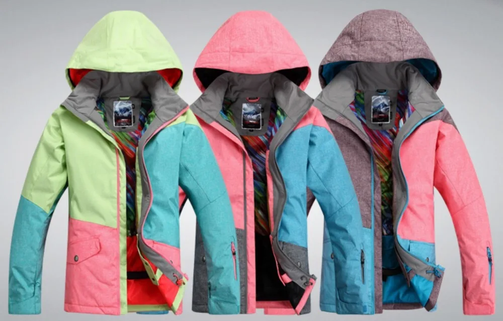 Womens Color Matching Ski Jacket Female Blue Pink Gray Snowboarding Climbing Outerwear Padded Anorak Skiwear