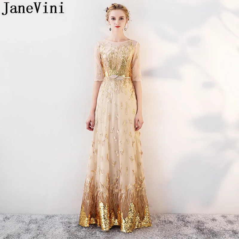 

JaneVini Shinning Gold Sequins Long Bridesmaids Dresses With Half Sleeves 2019 Ladies Godmother Wedding Party Dress Damigella