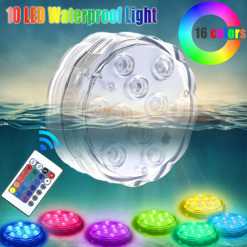 10LED Remote Control RGB Submersible Light LED Underwater Light Battery Power Vase Bowl Garden Party Xmas Decor Lamp Waterproof