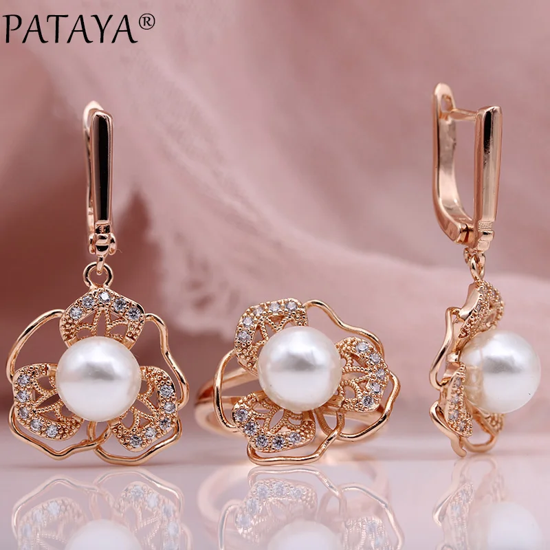 PATAYA New White Shell Pearls Earrings Rings Sets 585 Rose Gold Color Women Fashion Jewelry Set Natural Zircon Hollow Noble