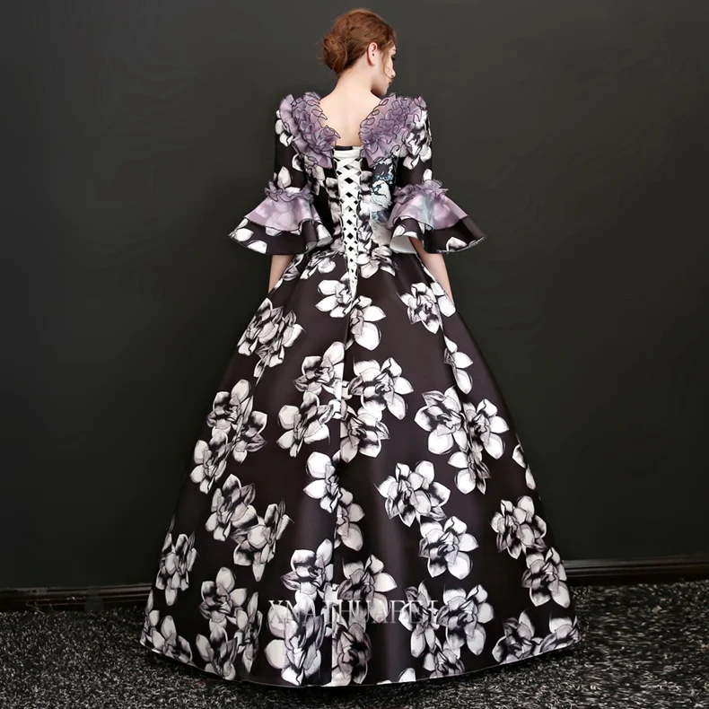 long flare sleeve flower printing ruffled venice carnival queen ball gown medieval dress Renaissance Gown Victoria/Antoinette