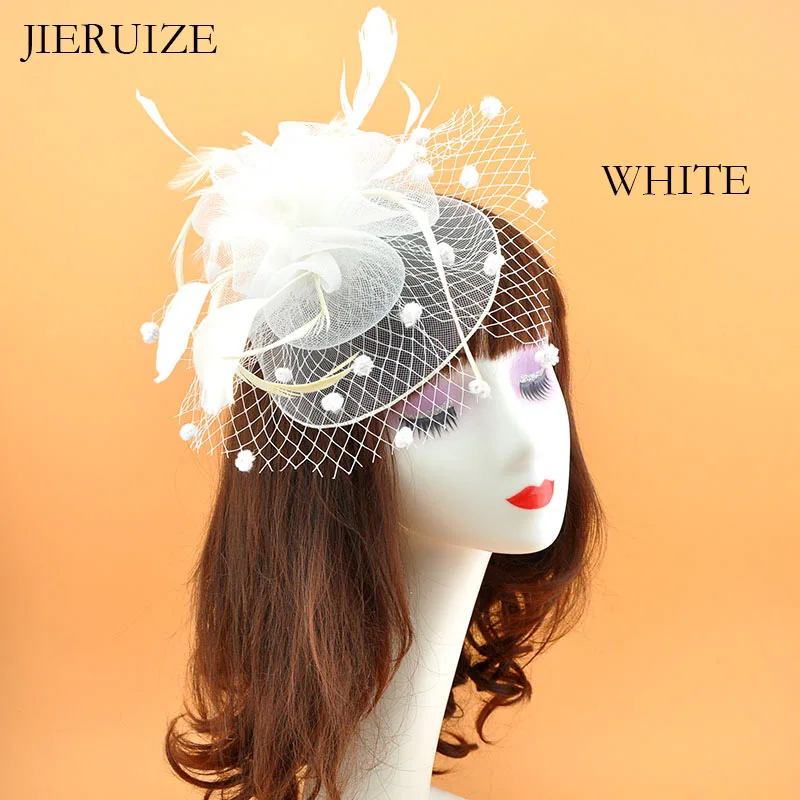 JIERUIZE-sombreros de plumas de Red para novia, gorros de boda de Red de jaula de pájaros, tocado nupcial, velos de cara, gorros de novia