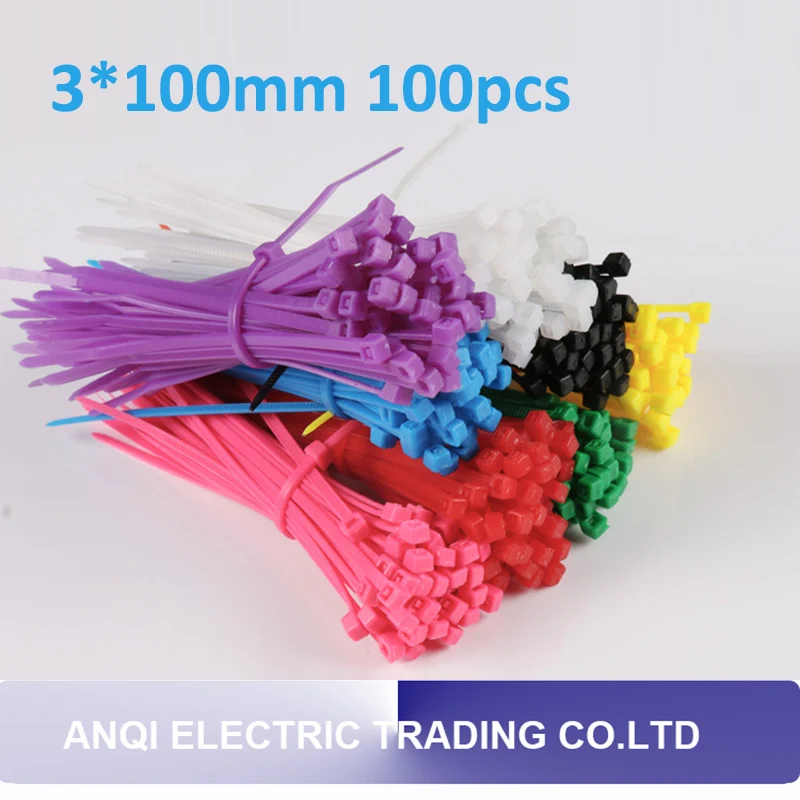 3*100mm 100pcs red blue green pink yellow purple black white colorful self-locking nylon cable ties high quality