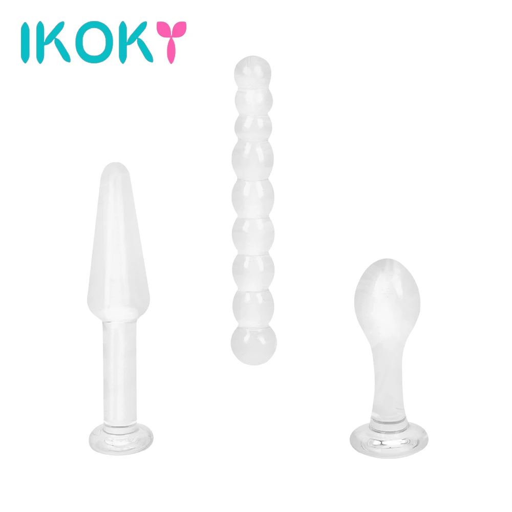 IKOKY 3Pcs Crystal Anal Dildo Beads Pyrex Glass Butt Plugs Ball Fake Penis Female Masturbate Sex Toys for Adult Women Men Gay