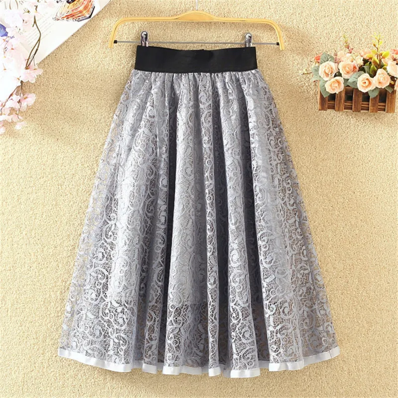 Sanishroly Autumn Women Midi Long A-Line Skirt Hollow Out Lace Skirts Female Short Mini Skirt High Waist Ball Gown Skirt SE667