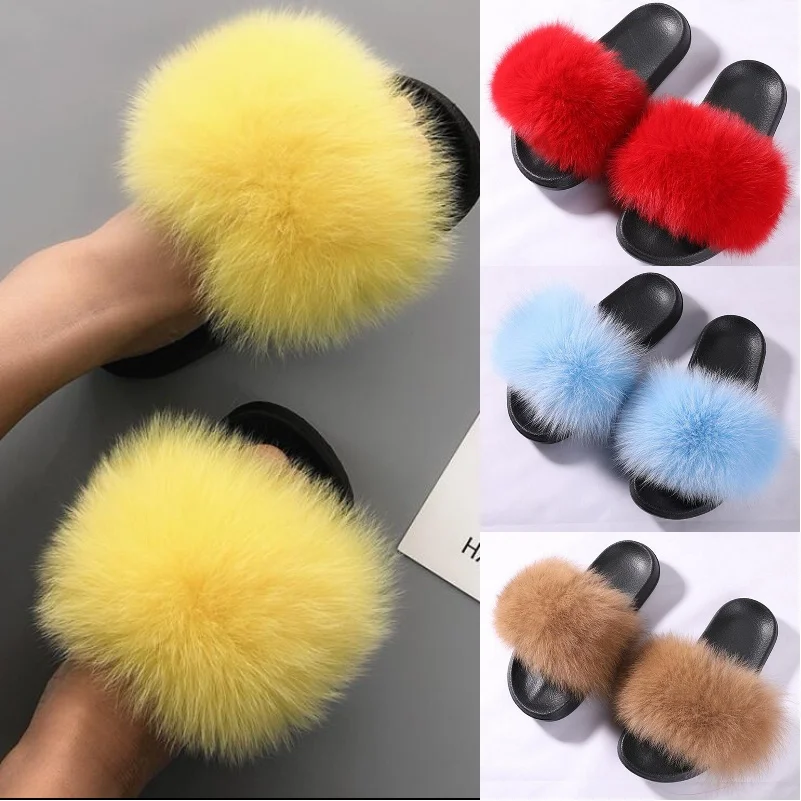 ZDFURS 2019 Fashion Fox Fur Slippers  Real Fur Slides Summer Flip Flops Casual Vogue Fox Fur Sandals Vogue Plush Shoes Wholesale