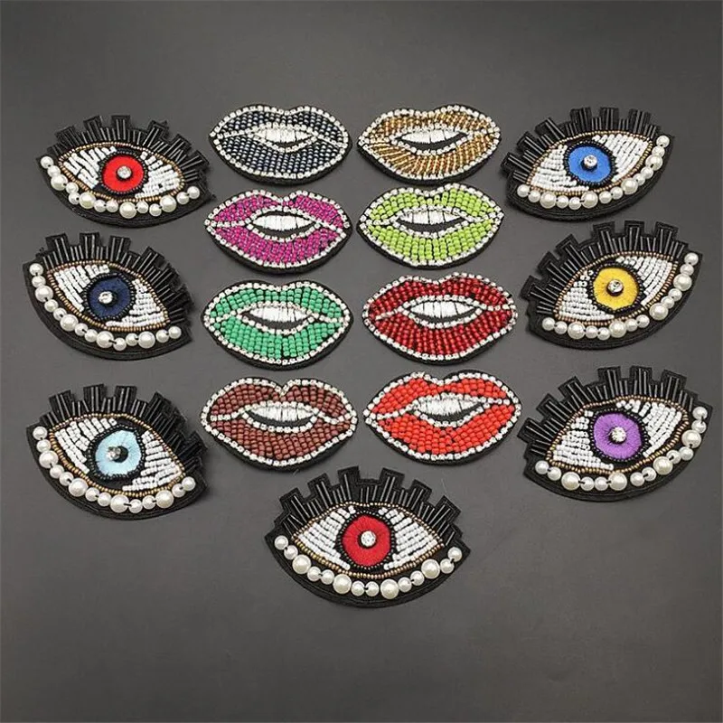 Mouth Eye Sew-On Patches Sewing Rhinestone Embroidered Pearl beaded Applique for Jacket Clothes Badge DIY Apparel Accessories