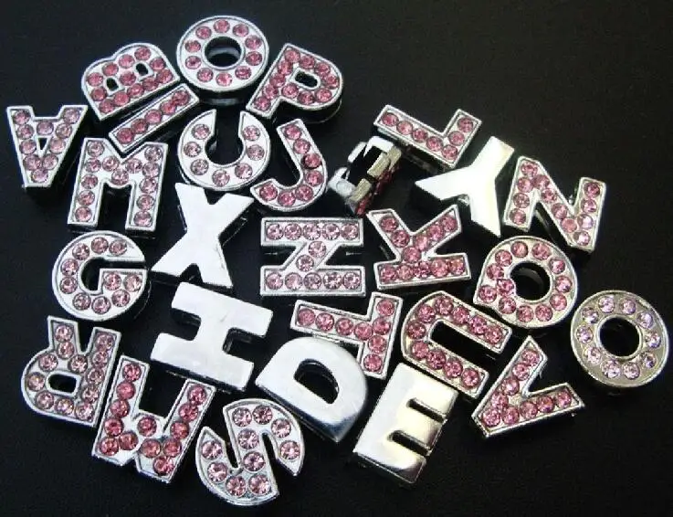 10PC/lot Hole 8MM Pink Rhinestones Slide Letter A--Z English Alphabet Fit For DIY Charms Keychains