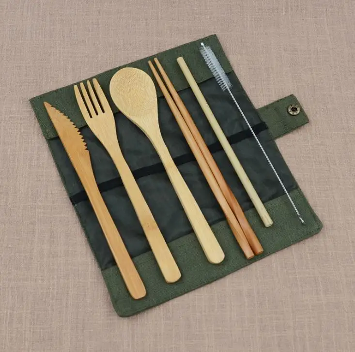 7pcs/Set Cutlery Set Portable Tableware Bamboo Teaspoon Fork Soup Knife chopsticks outdoor travel Dinnerware SN1494